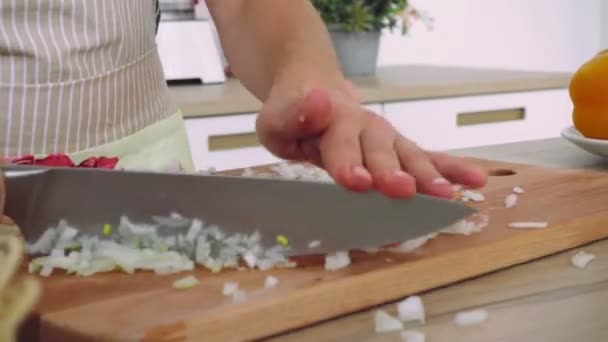 Die Zwiebel mit dem Messer schneiden — Stockvideo