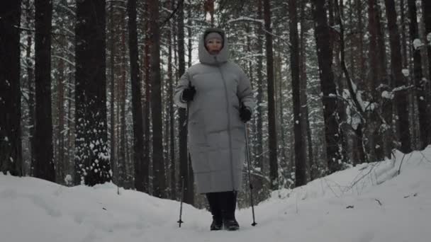 Reife Frau macht einen Nordic Walk — Stockvideo