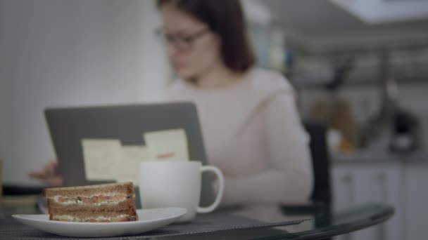 Ung kvinna arbetar flitigt på laptop och äta smörgås hemma — Stockvideo