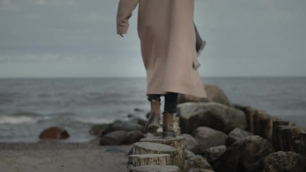 Frau geht direkt ans Meer — Stockvideo