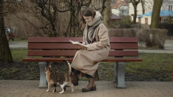 Joven hembra leyendo un libro con gato — Vídeos de Stock