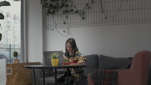 Frau benutzt Smartphone und Laptop im Café — Stockvideo