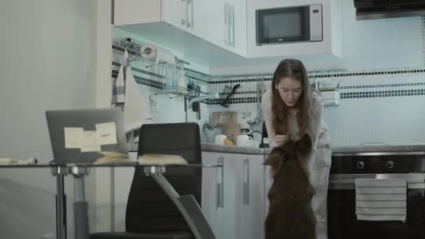 Женщина работает из дома на ноутбуке рядом со своей собакой. — стоковое видео