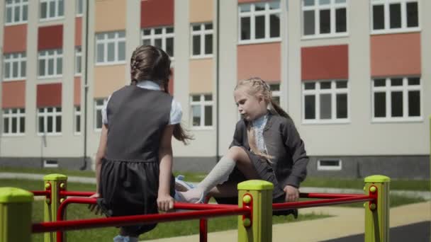 Girlfriends talking in schoolyard — Stock Video