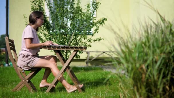 Woman using laptop computer in backyard — Stock Video
