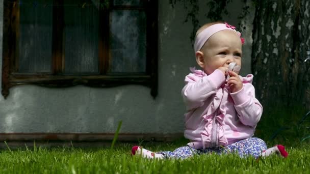 Bebê de sete meses joga em um gramado com uma flor — Vídeo de Stock