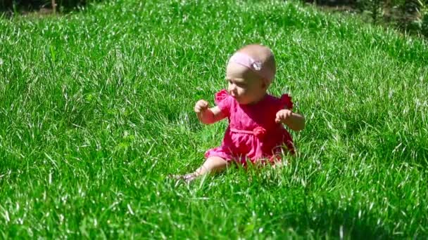 Meisje van de baby op een gras — Stockvideo