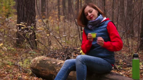 Hete thee in de herfst bos — Stockvideo