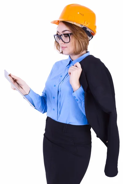 Young engineer in helmet with tablet computer — Stock Photo, Image