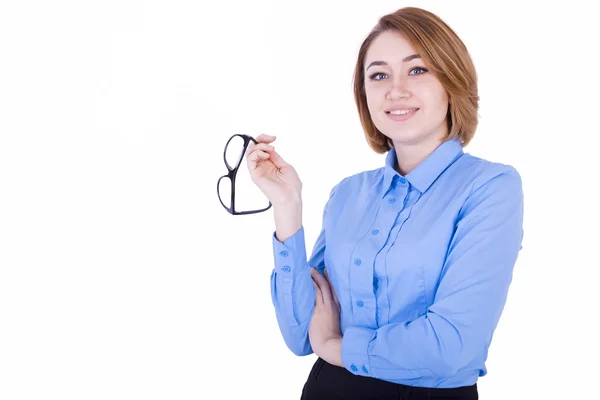 Empresária com óculos nas mãos — Fotografia de Stock