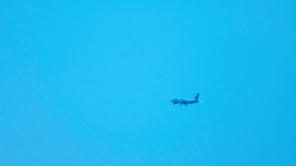 Un avión volando en el cielo azul — Vídeo de stock