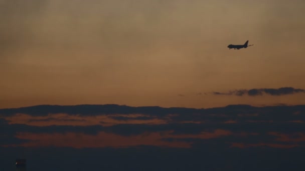 Boeing 747 landar vid solnedgången i staden — Stockvideo