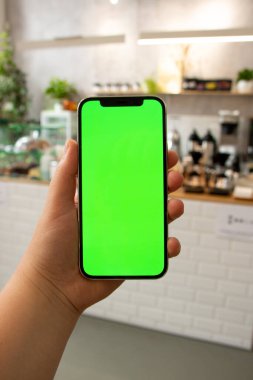 Yeşil ekranlı telefon. Akıllı telefonmuş. Modelleme. Yeşil arka plan. Telefonun güzel fotoğrafı.