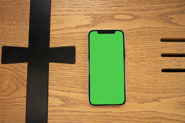 Telefon Zelenou Obrazovkou Smartphone Mockup Zelené Pozadí Krásná Fotografie Telefonu — Stock fotografie