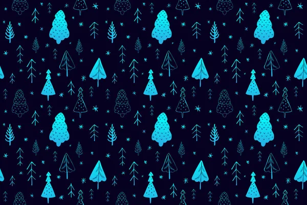 Płynny wzór zimowych świąt z drzewami i płatkami śniegu. — Zdjęcie stockowe