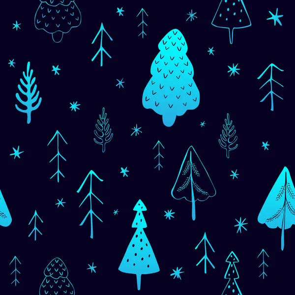 Nahtloses Winterweihnachtsmuster mit Bäumen und Schneeflocken. — Stockvektor