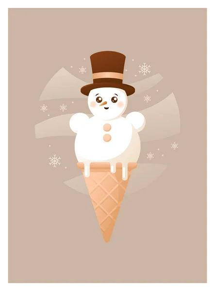 Helado muñeco de nieve en sombrero de copa sobre fondo beige, christmass ilustración de invierno — Vector de stock