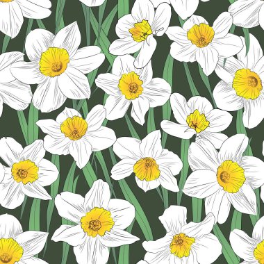 Koyu yeşil arka planda narsislerin kusursuz deseni