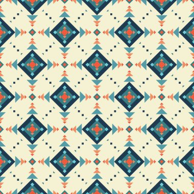 Yerli Amerikan tarzında eşkenar dörtgen ve üçgenlerin geometrik süsü. Web, baskı, tekstil, duvar kağıdı, kart, ambalaj kağıdı ve arkaplan için kusursuz desen