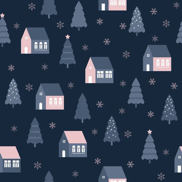Seamless pattern with cute houses in snowy forest — Stock Photo, Image