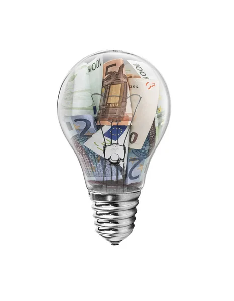 Light bulb with euro bills inside. — Stock Photo, Image