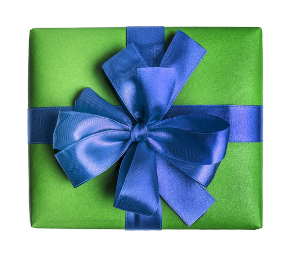 Blue gift box with red ribbon bow — Stock Photo, Image