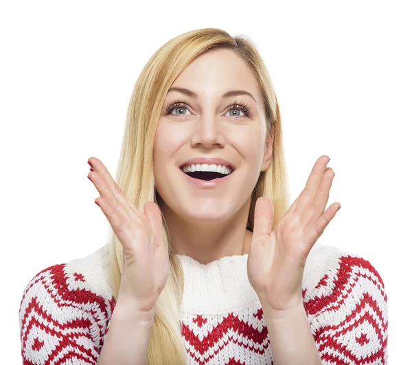 Blonde woman in pullover surprised. — Stock Photo, Image
