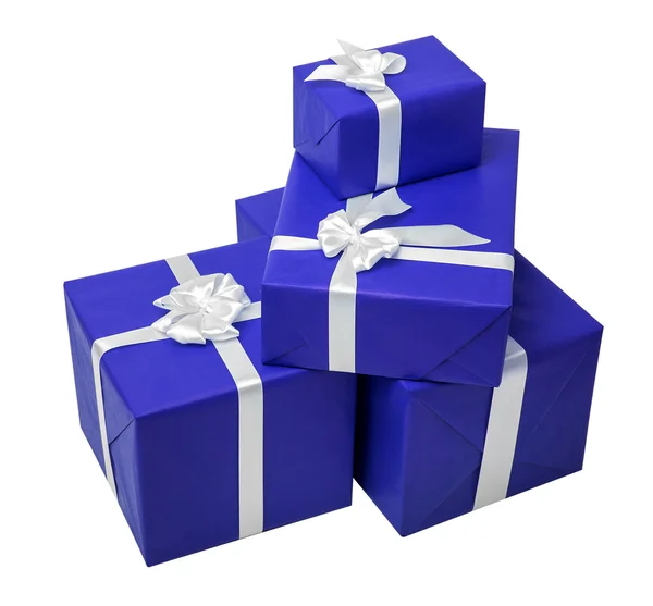Blauwe geschenkdozen met wit lint. — Stockfoto