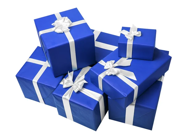 Blauwe geschenkdozen met wit lint. — Stockfoto