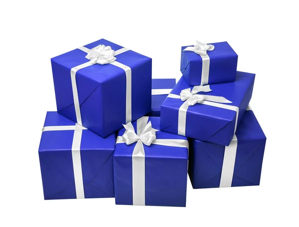 Blauwe geschenkdozen met wit lint. — Stockfoto