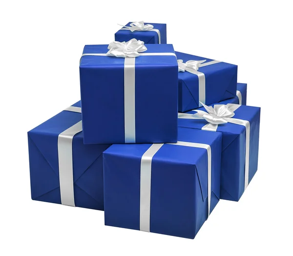 Cajas de regalo azules con cinta blanca . —  Fotos de Stock