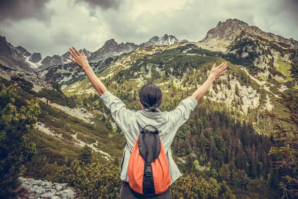 Woman with raised hands on the background of a mountain landscape. — Stock Photo, Image