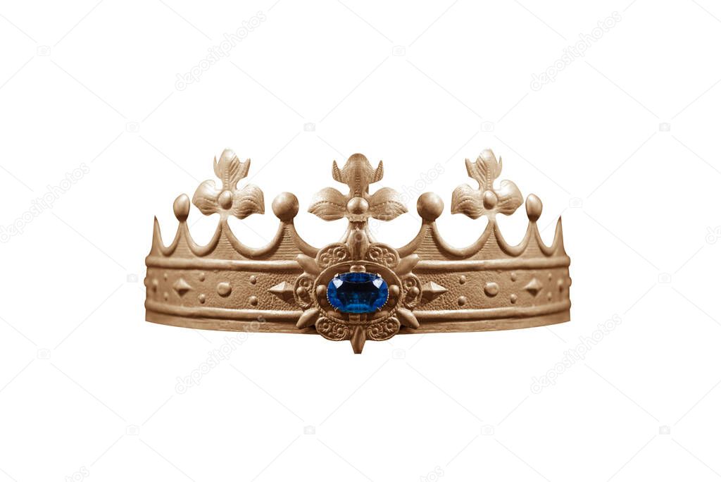 Crown with blue gemstone isolated on white.