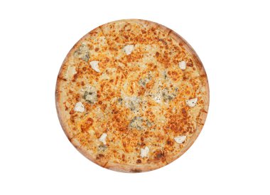 Beyaz arka planda izole edilmiş yuvarlak iştah açıcı pizza.