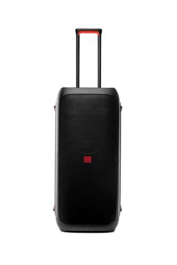 Portatif büyük siyah hoparlör beyaz arka planda izole.