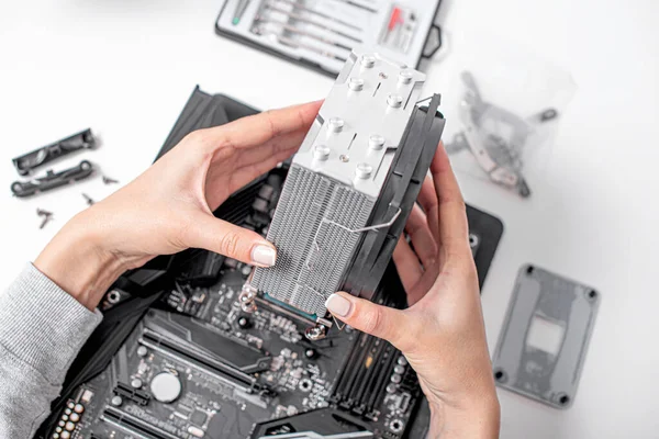 Installing or repair the air cooling system of the PC processor. — Stock Photo, Image