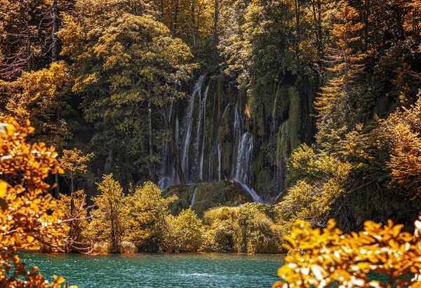 Beautiful picturesque waterfall in the rocky mountains among the forest. — Stock Photo, Image