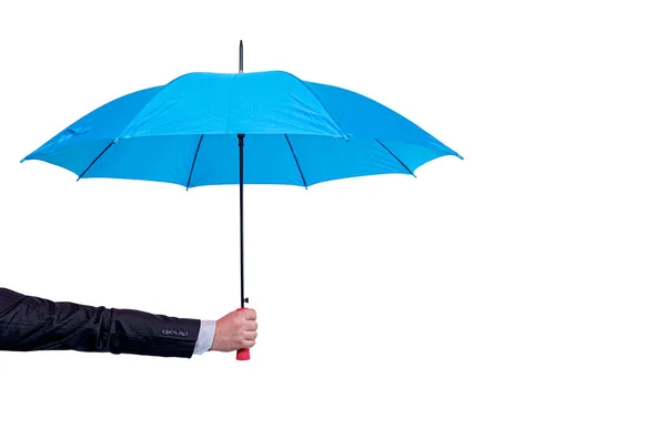 Umbrella in the hand of a businessman isolated on a white background. — Stock Photo, Image