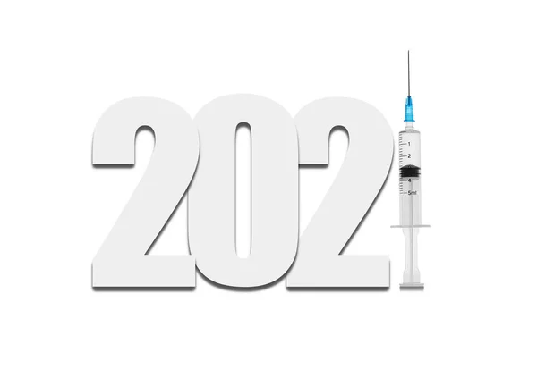 ตัวเลข 2021 ด้วยหน้ากากทางการแพทย์และเข็มฉีดยา แนวคิดของไวรัสโคโรนา โรคระบาดโควิด-19 ในปี 2021 . — ภาพถ่ายสต็อก