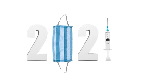 ตัวเลข 2021 ด้วยหน้ากากทางการแพทย์และเข็มฉีดยา โรคระบาดในปี ค.ศ. แนวคิดของไวรัสโคโรนา . — ภาพถ่ายสต็อก