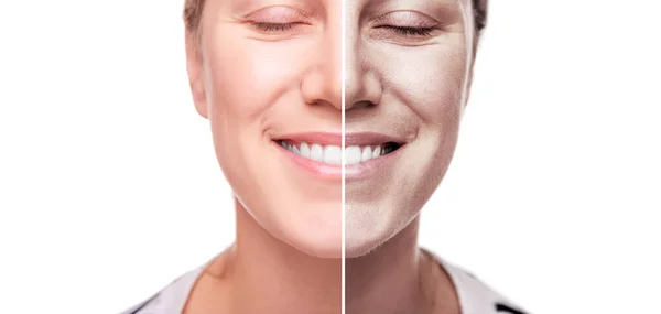 Το πρόσωπο μιας γυναίκας κόβεται στα δύο για καλό και κακό δέρμα. Απομονωμένα σε λευκό φόντο — Φωτογραφία Αρχείου