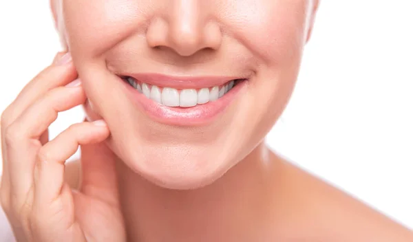 Female face with white teeth isolated on white background — Stock Photo, Image