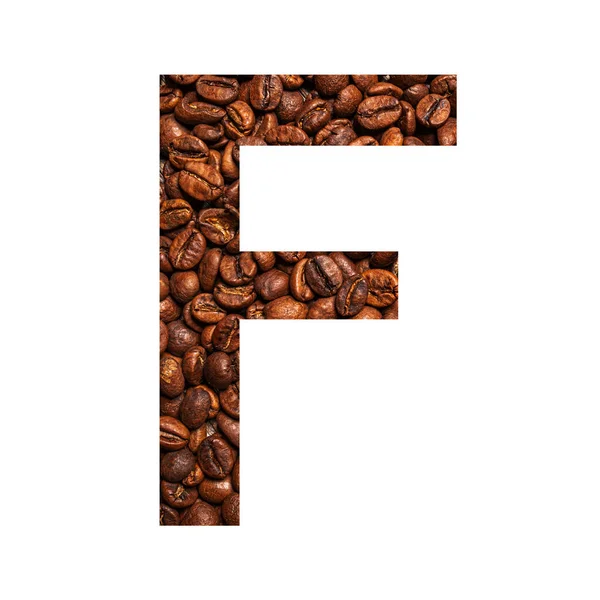 Litera F wykonana z ziaren kawy izolowanych na białym tle — Zdjęcie stockowe