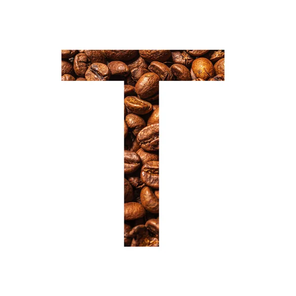 Letter T made from coffee beans isolated on white background — Stock Photo, Image