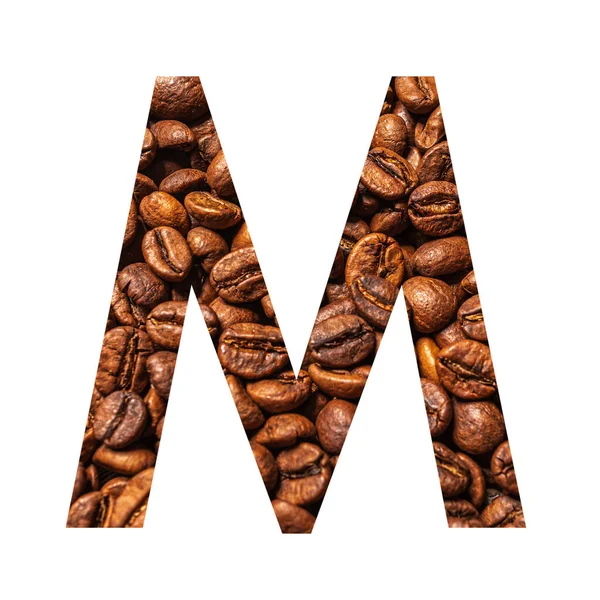 Letter M made from coffee beans isolated on white background — Stock Photo, Image