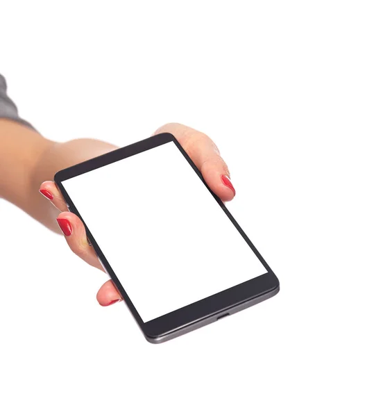 Smartphone with a white screen in a female hand isolated on a white. — Stock Photo, Image