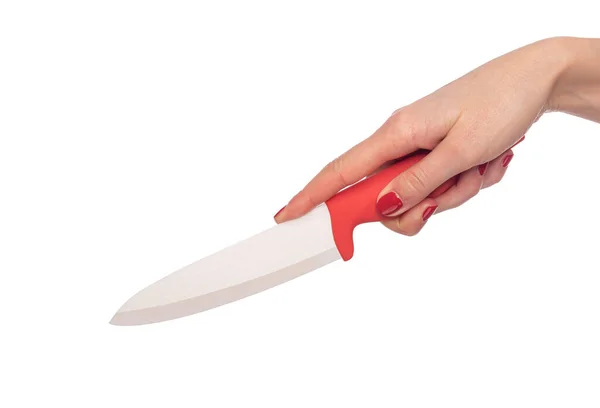 Coltello da cucina in una mano femminile isolato su un bianco. — Foto Stock