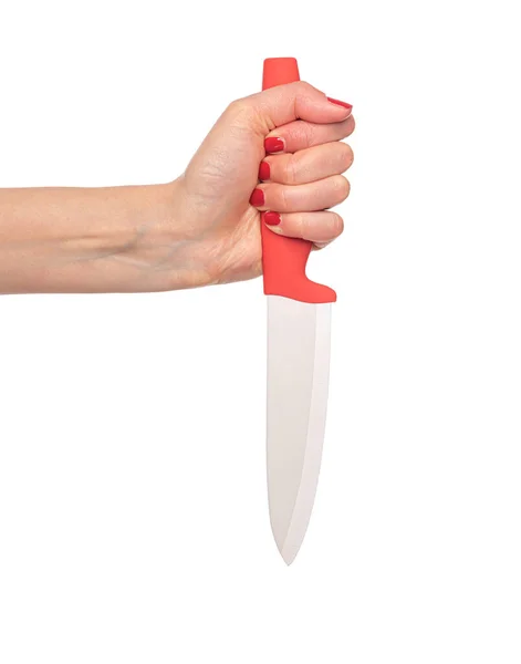 Coltello da cucina in una mano femminile isolato su un bianco. — Foto Stock