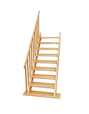 Beyaz arka planda izole bir merdivenin ahşap basamakları.