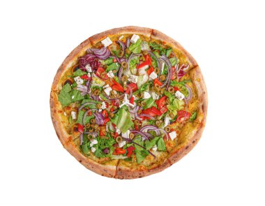 Beyaz arka planda izole edilmiş yuvarlak iştah açıcı pizza.